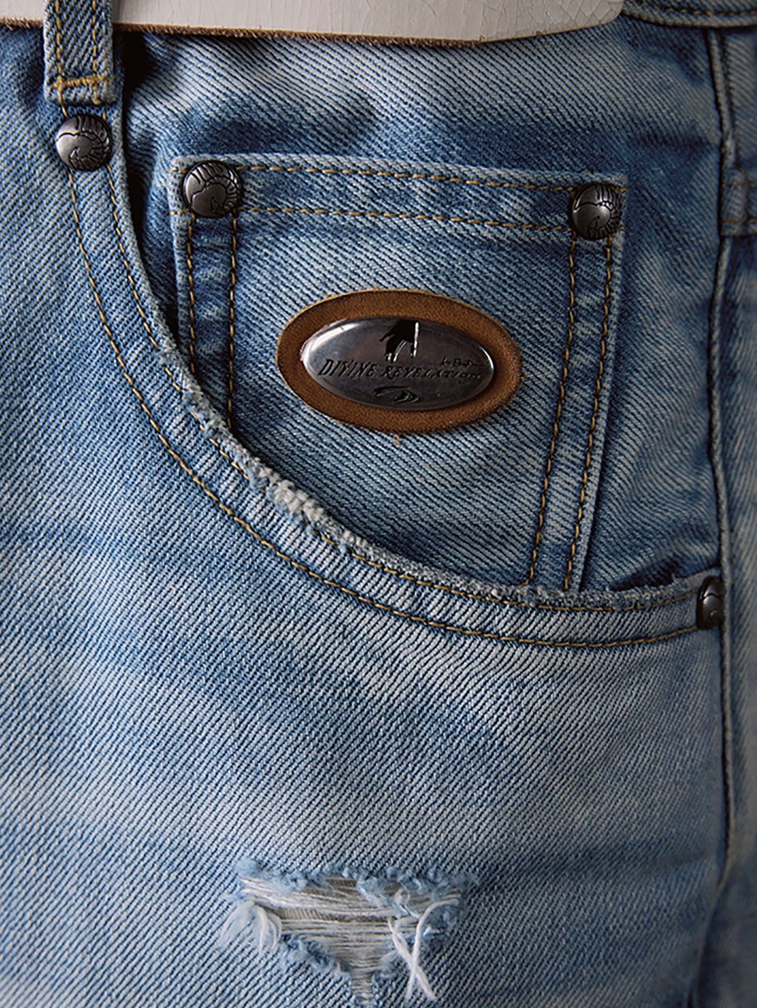 IN EXISTENCE Distressed Patchwork Creased Washed Wide-Leg Jeans