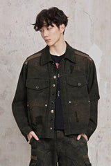 FACEONLAB Distressed Cracked Flap-Pocket Military Jacket