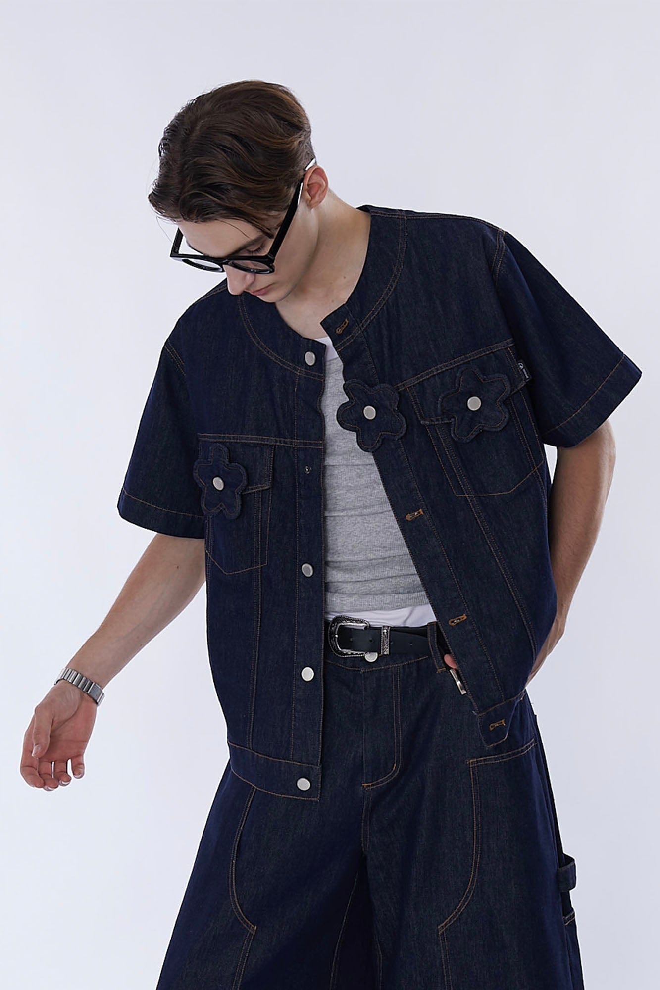ASSEEN Flower Patchwork Stitched Raw Denim Half Shirt