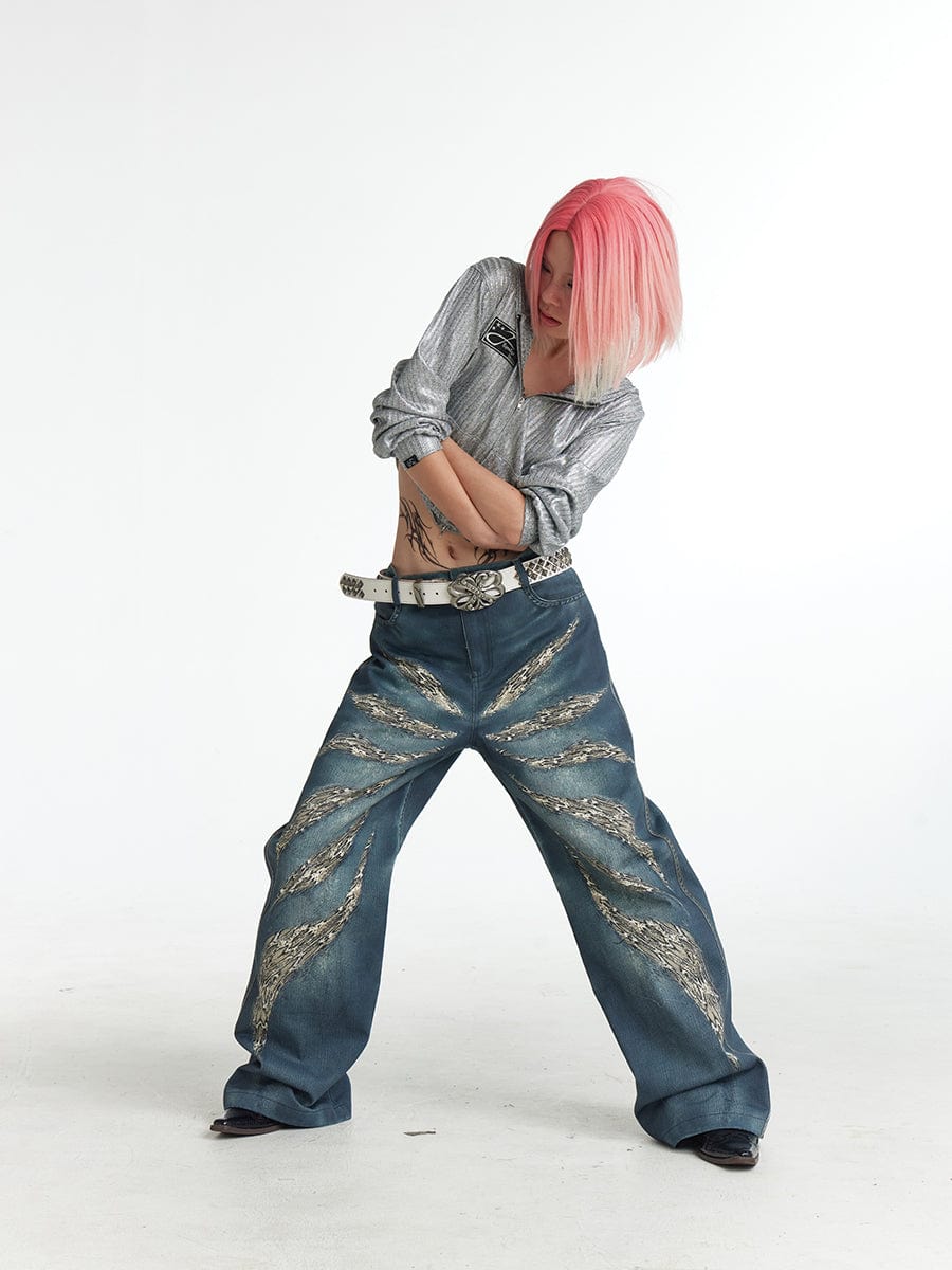 DND4DES×Faychui Leopard Wings Embroidered Wide-Leg Jeans