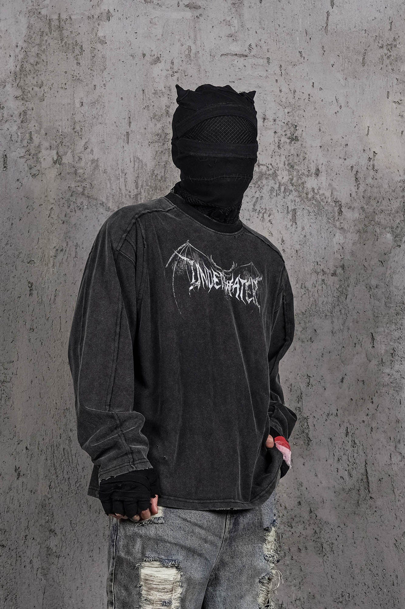 UNDERWATER Hellbound Wing Distressed Spliced Long-Sleeve Tee