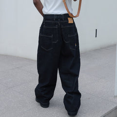 STEEPC Layered-Pockets Double-Waistband Raw Jeans