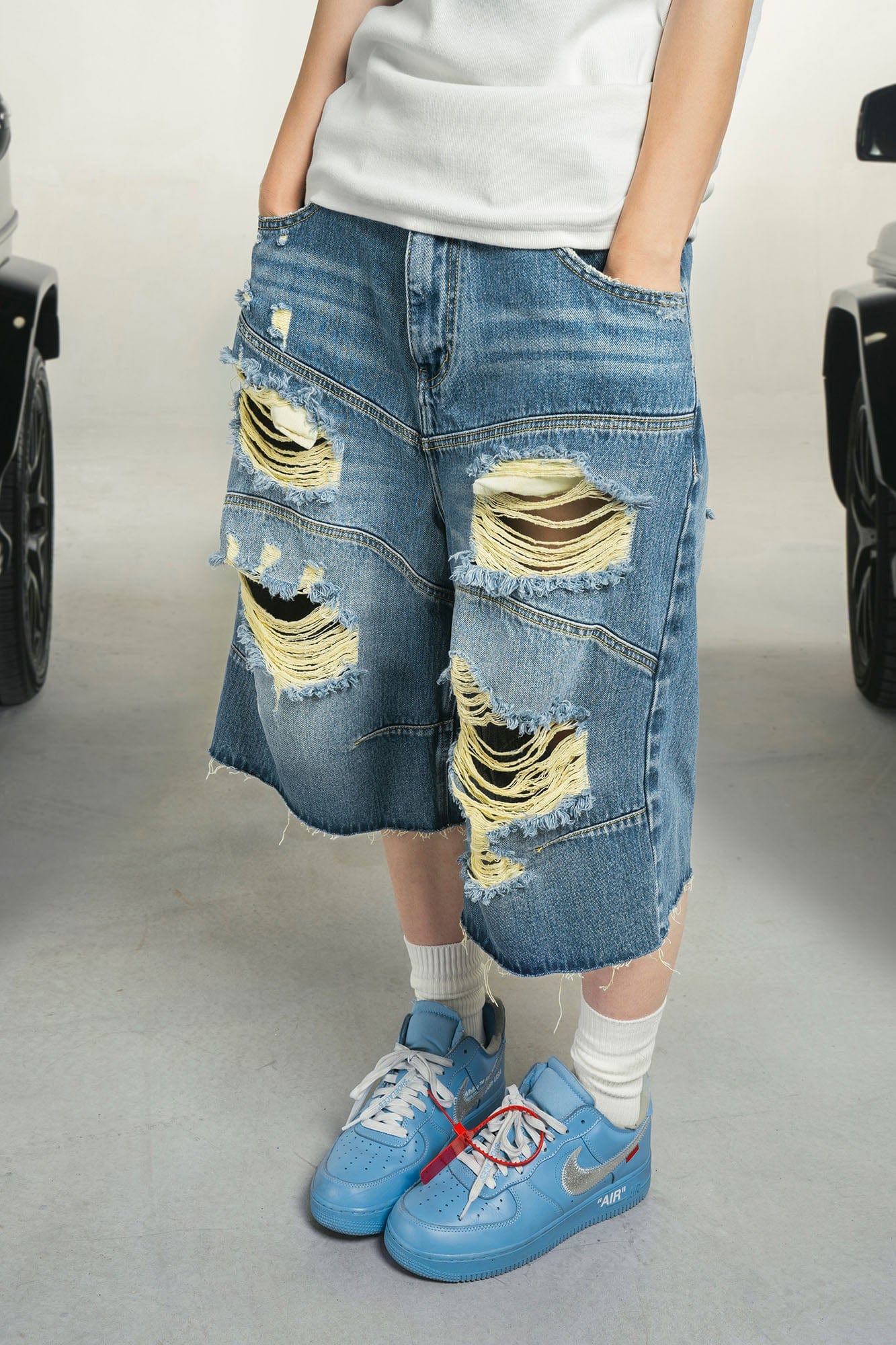 MAKEMORE Distressed Arc Spliced Ripped Denim Shorts