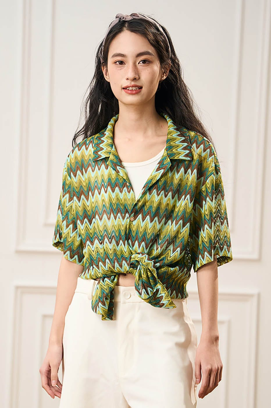 EPIC POETRY Geometric Ripple Knitted Half Shirt Watermelon