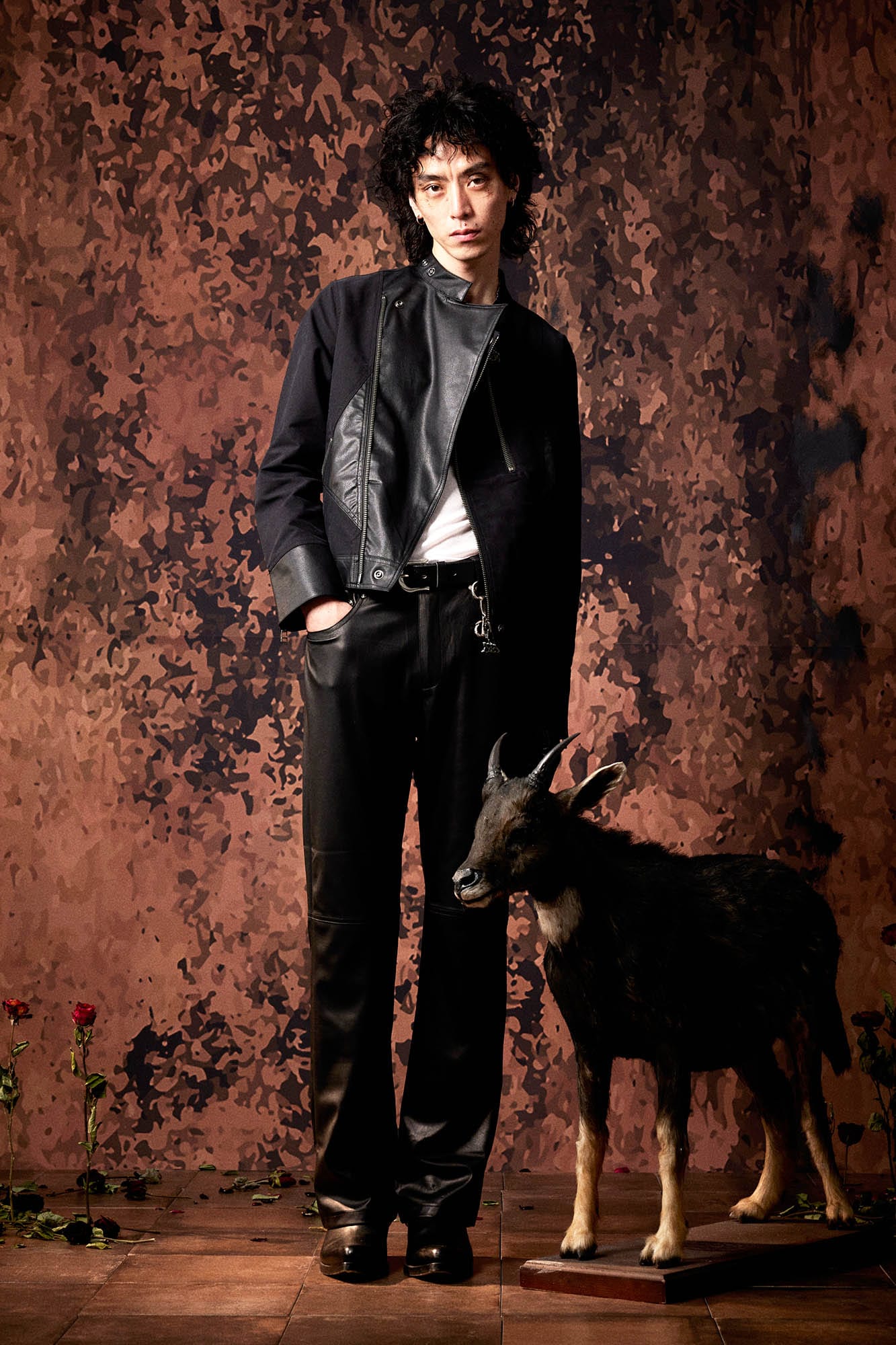 IN EXISTENCE Multi-Zip Asymmetrical Spliced Leather Biker Jacket