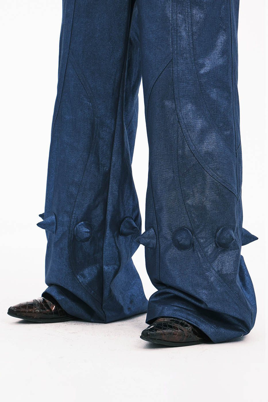 EMBRYO Metallic Devil Horned Wide-Leg Paneled Pants Blue