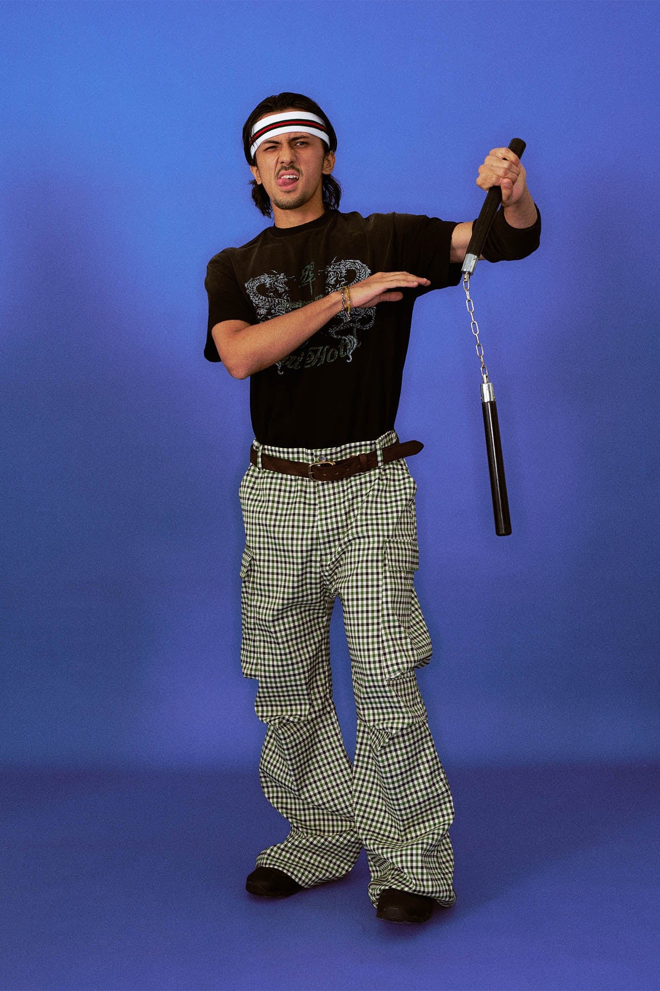 TRECLUB Plaid Multi-Pocket Crinkled Cargo Pants