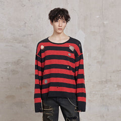FACEONLAB Stripe Distressed Frayed Crewneck Sweater