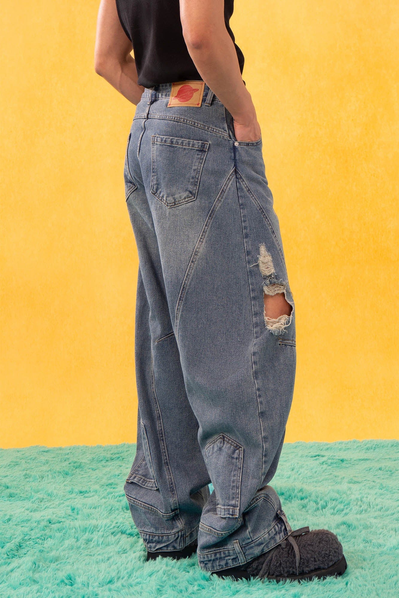 CLP Inverted-Waist Hem Paneled Distressed Jeans