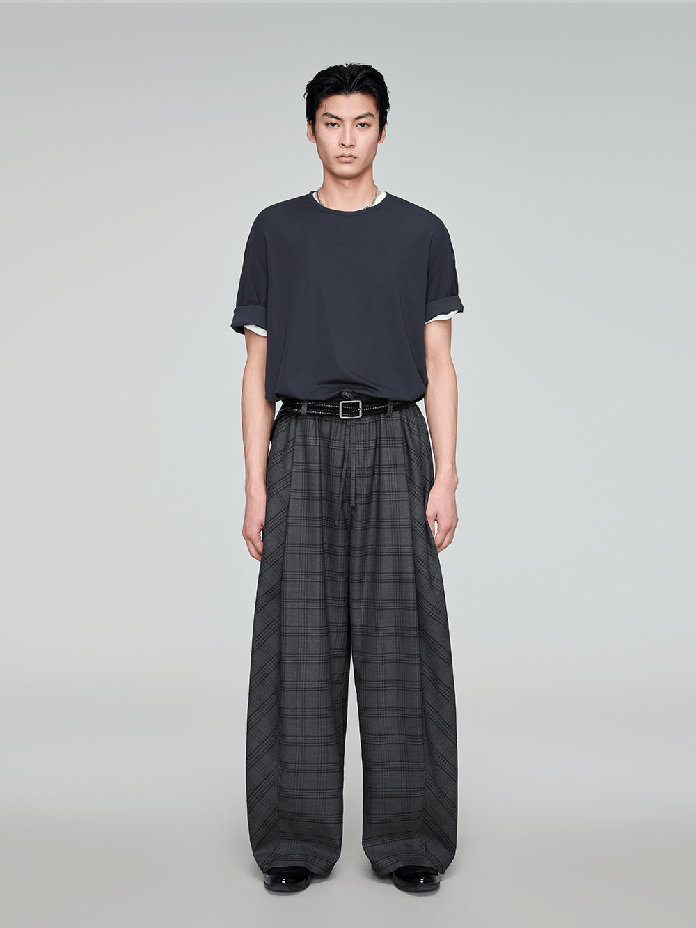 OPICLOTH Retro Paneled Plaid Drawstring Oversized Pants