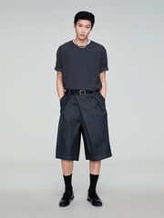 OPICLOTH Washed Asymmetric Fly Pleated Denim Shorts