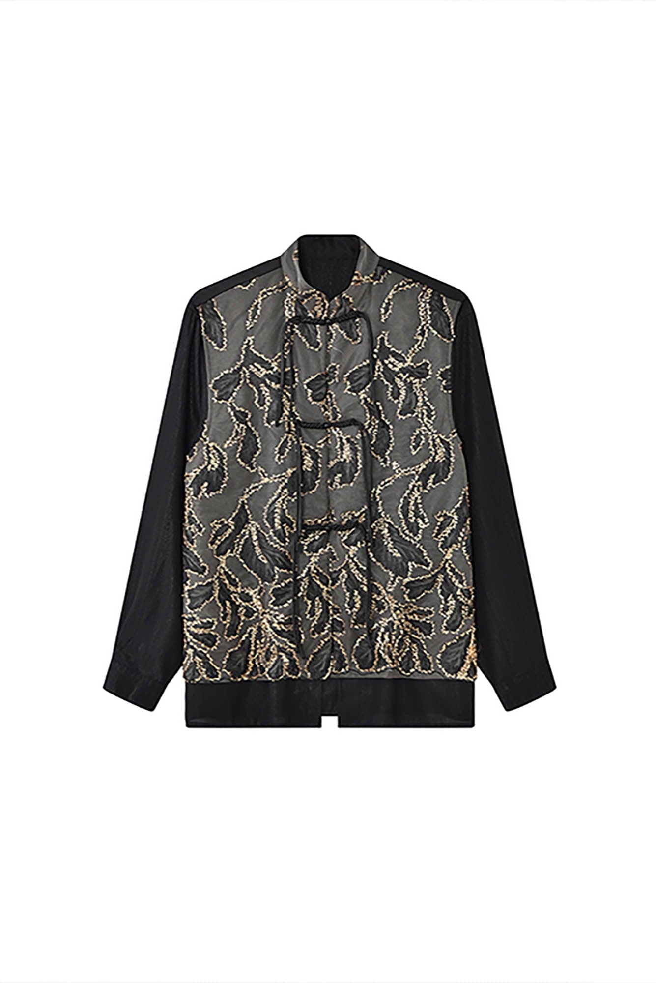 JIECHI Embroidered Metallic Jacquard Frog Button Shirt