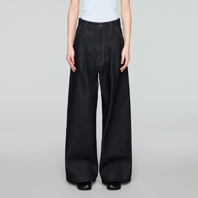 OPICLOTH Retro Washed Pleated Wide-Leg Jeans