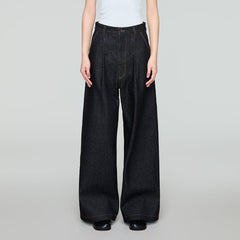 OPICLOTH Retro Washed Pleated Wide-Leg Jeans