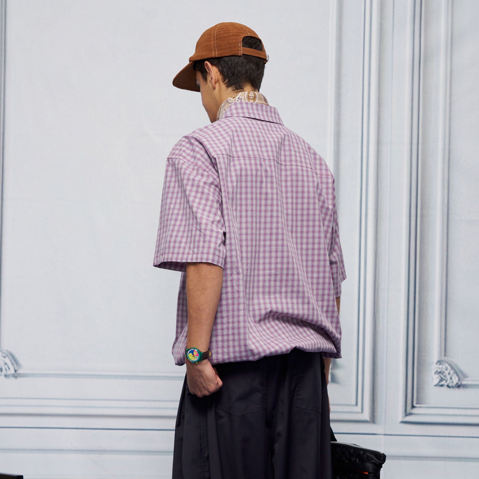 UNLIMITED MOTE Drawstring Hem Plaid Peter Pan Collar Half Shirt