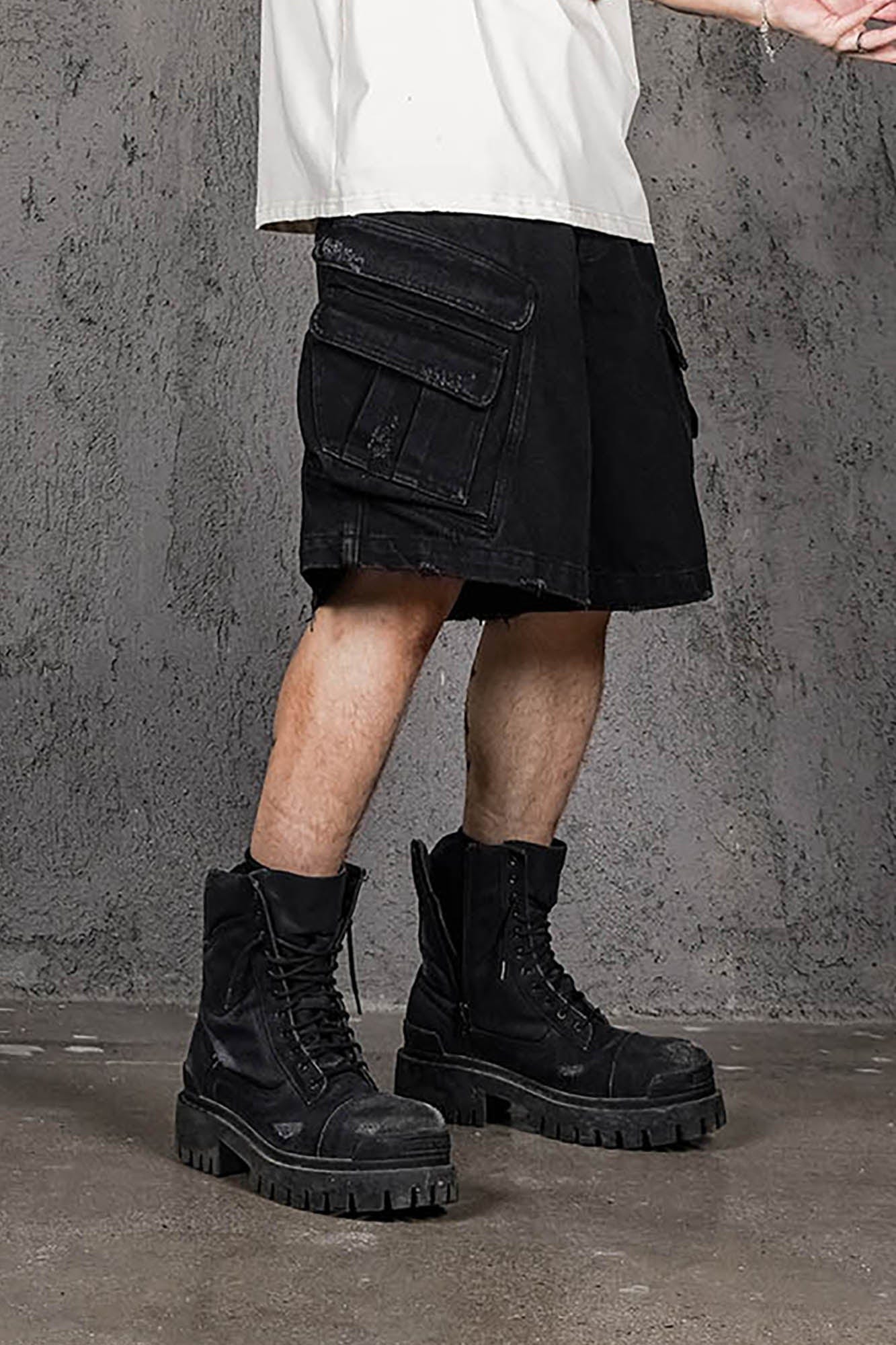 UNDERWATER Layered-Pocket Distressed Denim Shorts