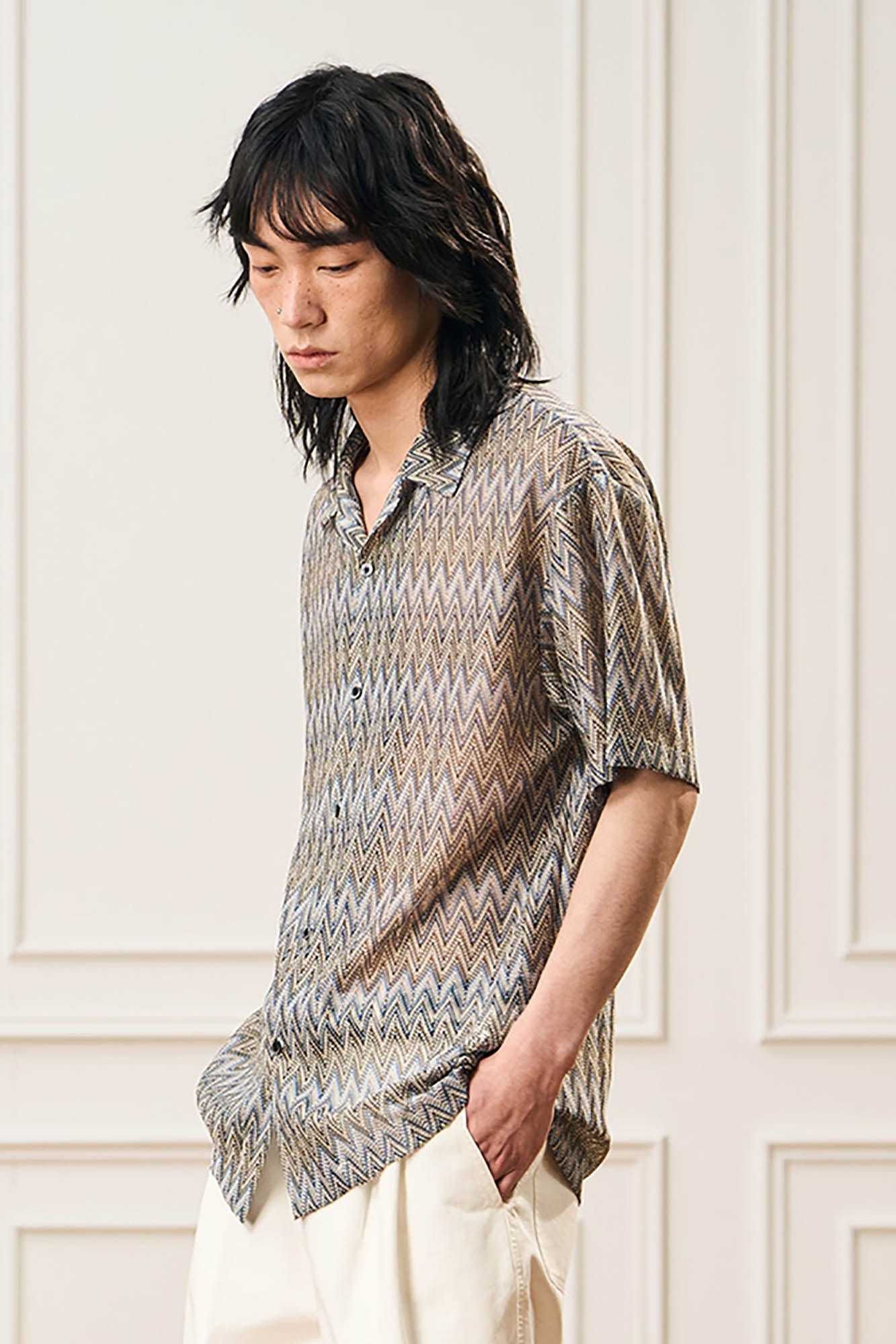 EPIC POETRY Geometric Ripple Knitted Half Shirt Sandstone
