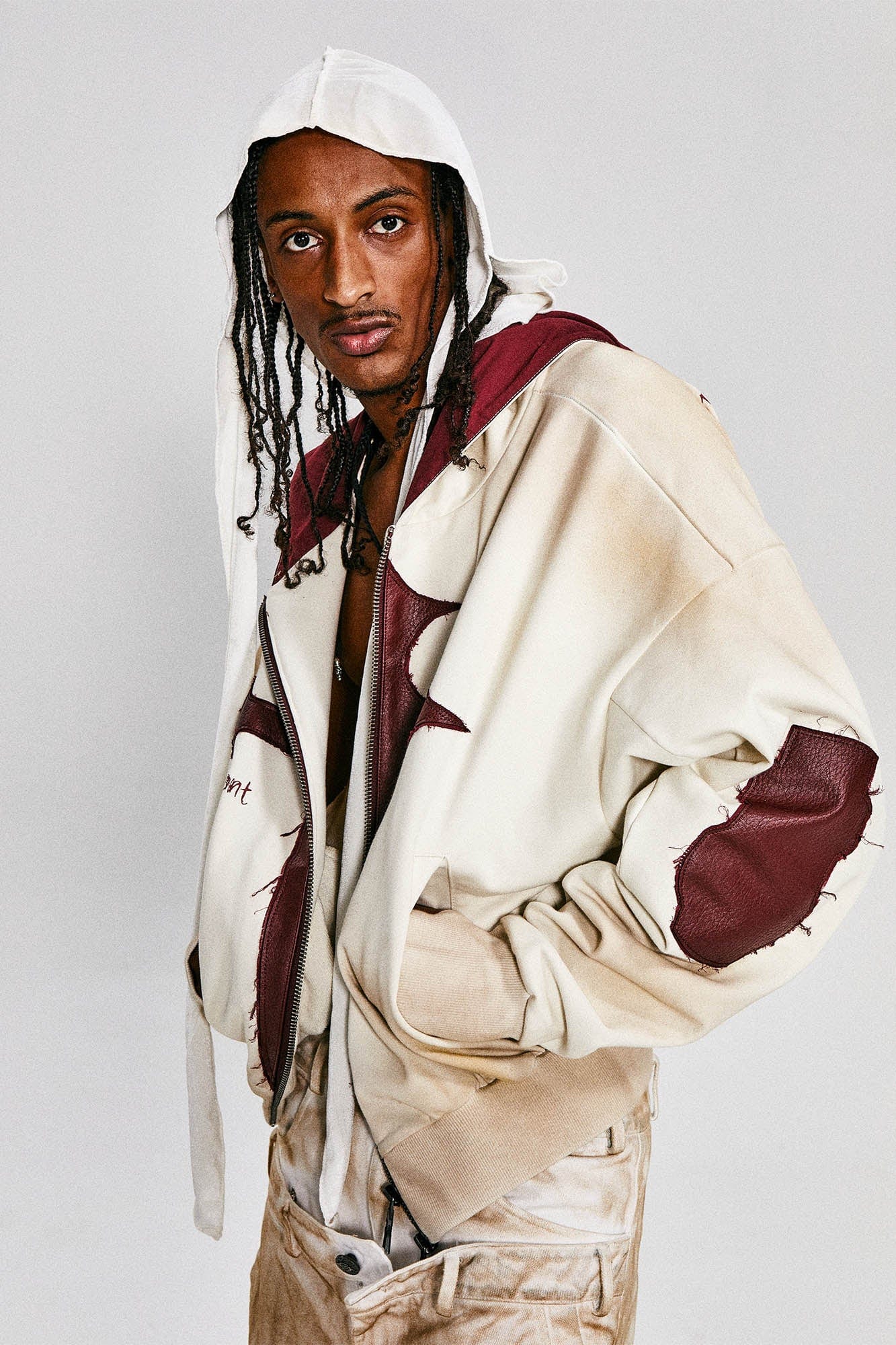 FLYERRER Distressed Cross Patch Studded Hooded Jacket