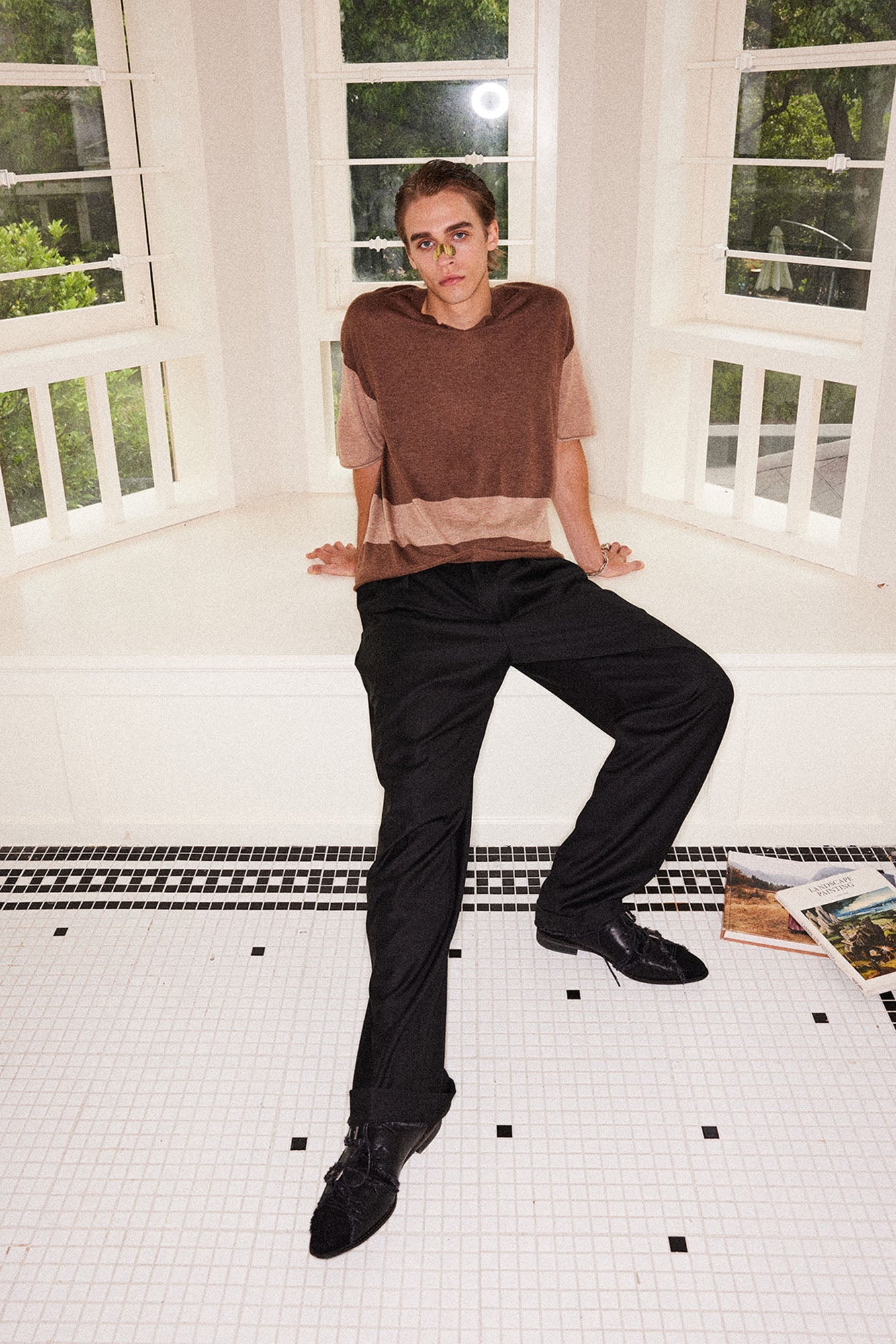 RICHILL Contrast Wool-Blended V-Neck T-Shirt