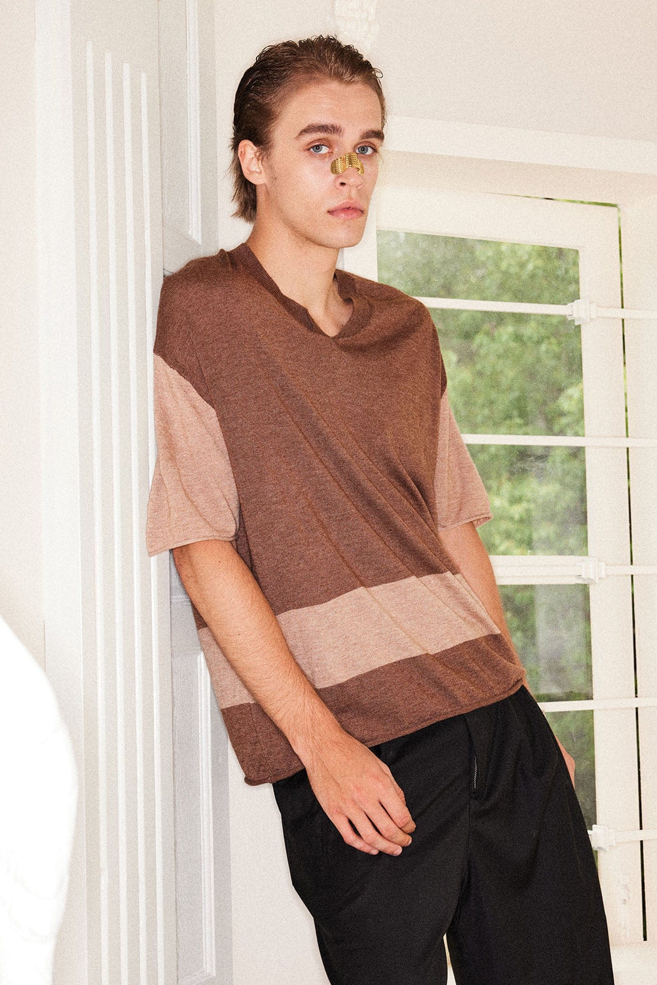 RICHILL Contrast Wool-Blended V-Neck T-Shirt
