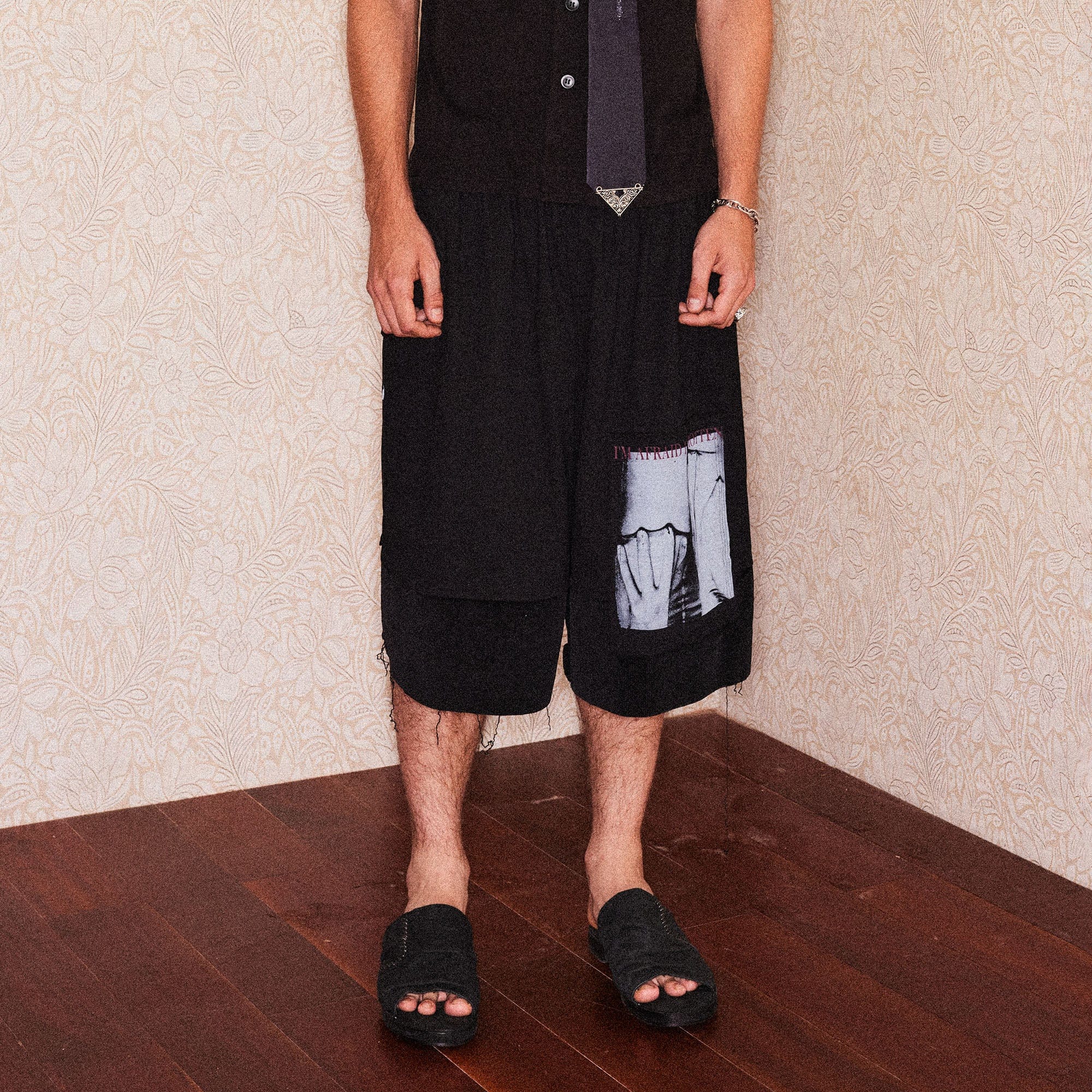 RICHILL Graphic Patchwork Raw Hem Drawstring Shorts
