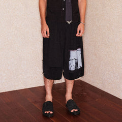 RICHILL Graphic Patchwork Raw Hem Drawstring Shorts