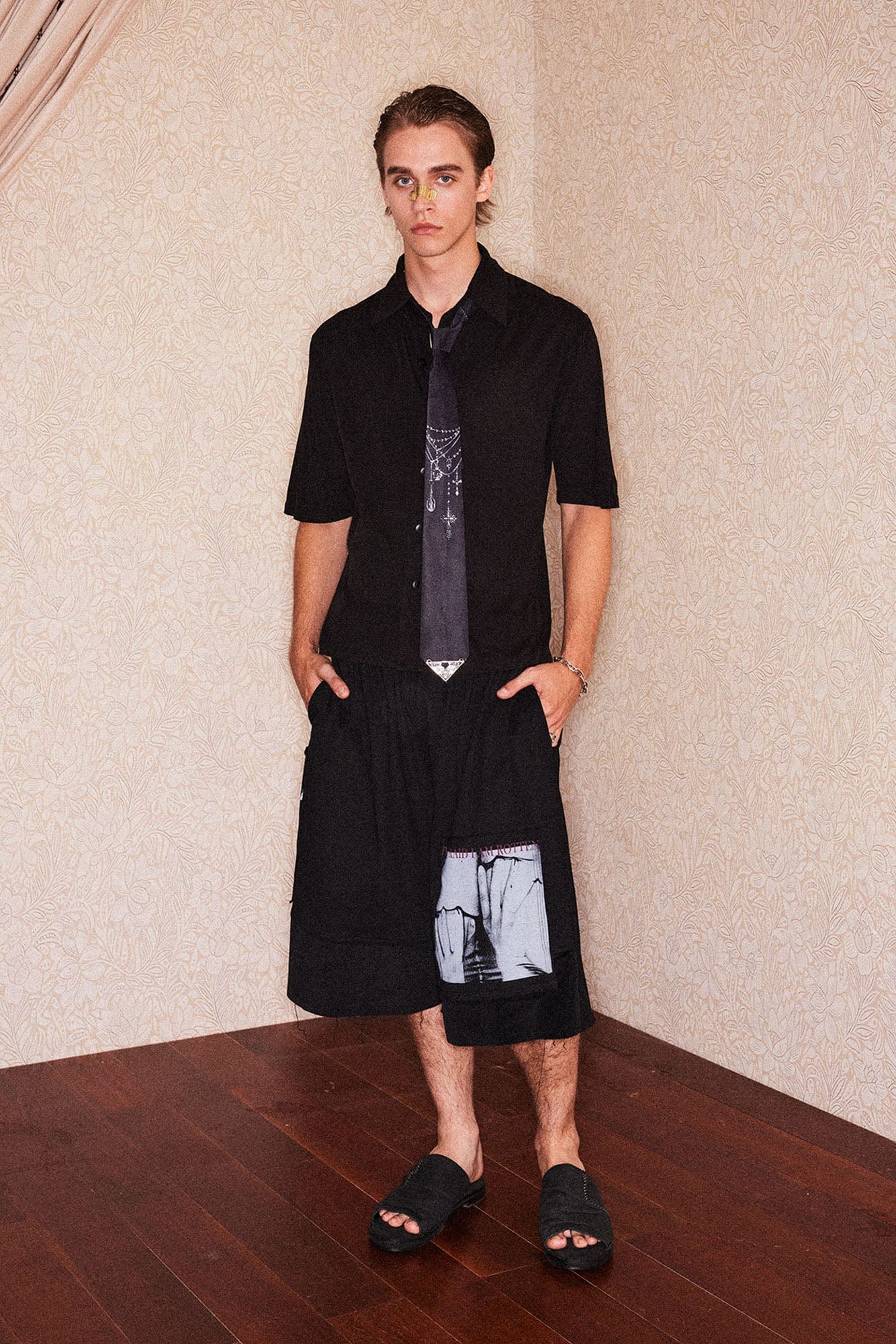 RICHILL Graphic Patchwork Raw Hem Drawstring Shorts