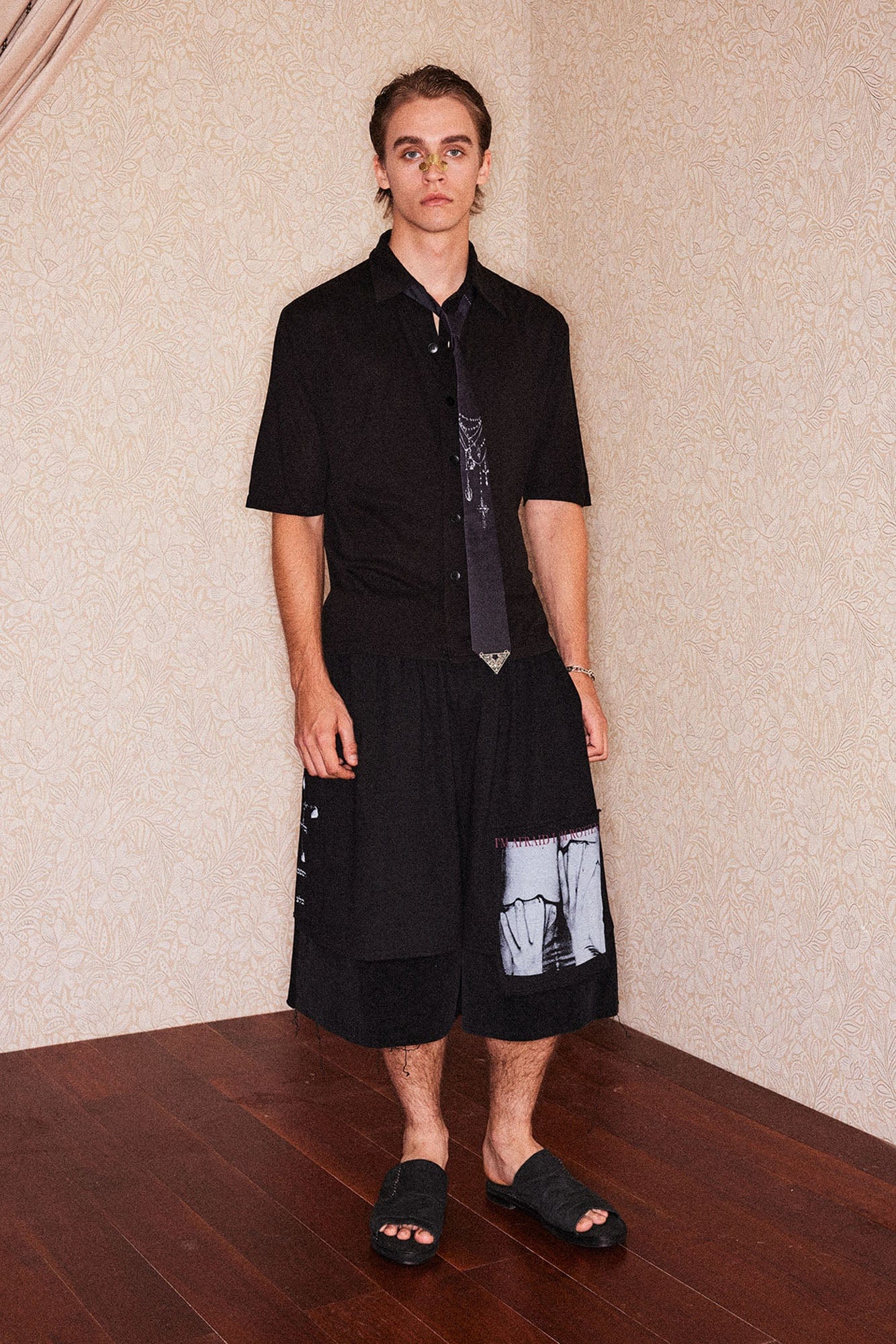 RICHILL Graphic Patchwork Raw Hem Drawstring Shorts