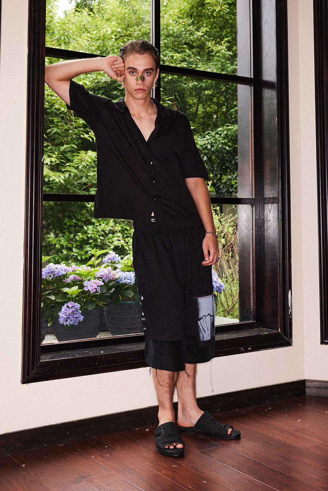RICHILL Graphic Patchwork Raw Hem Drawstring Shorts