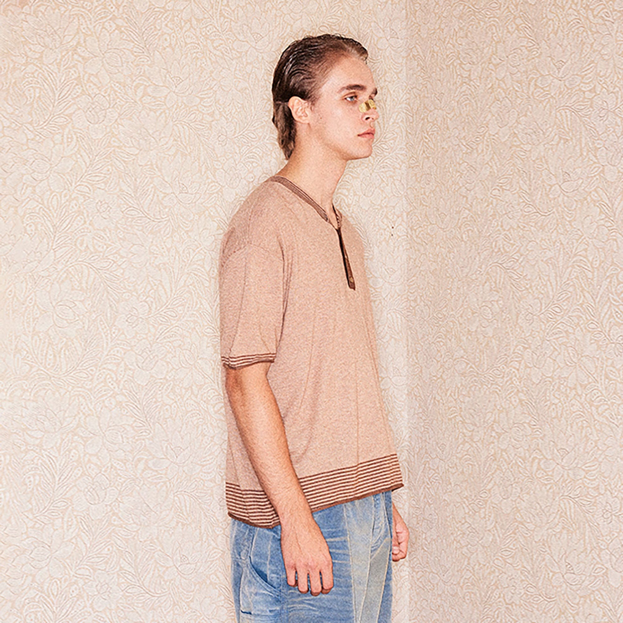 RICHILL Button-Collar Stripe-Trim T-Shirt