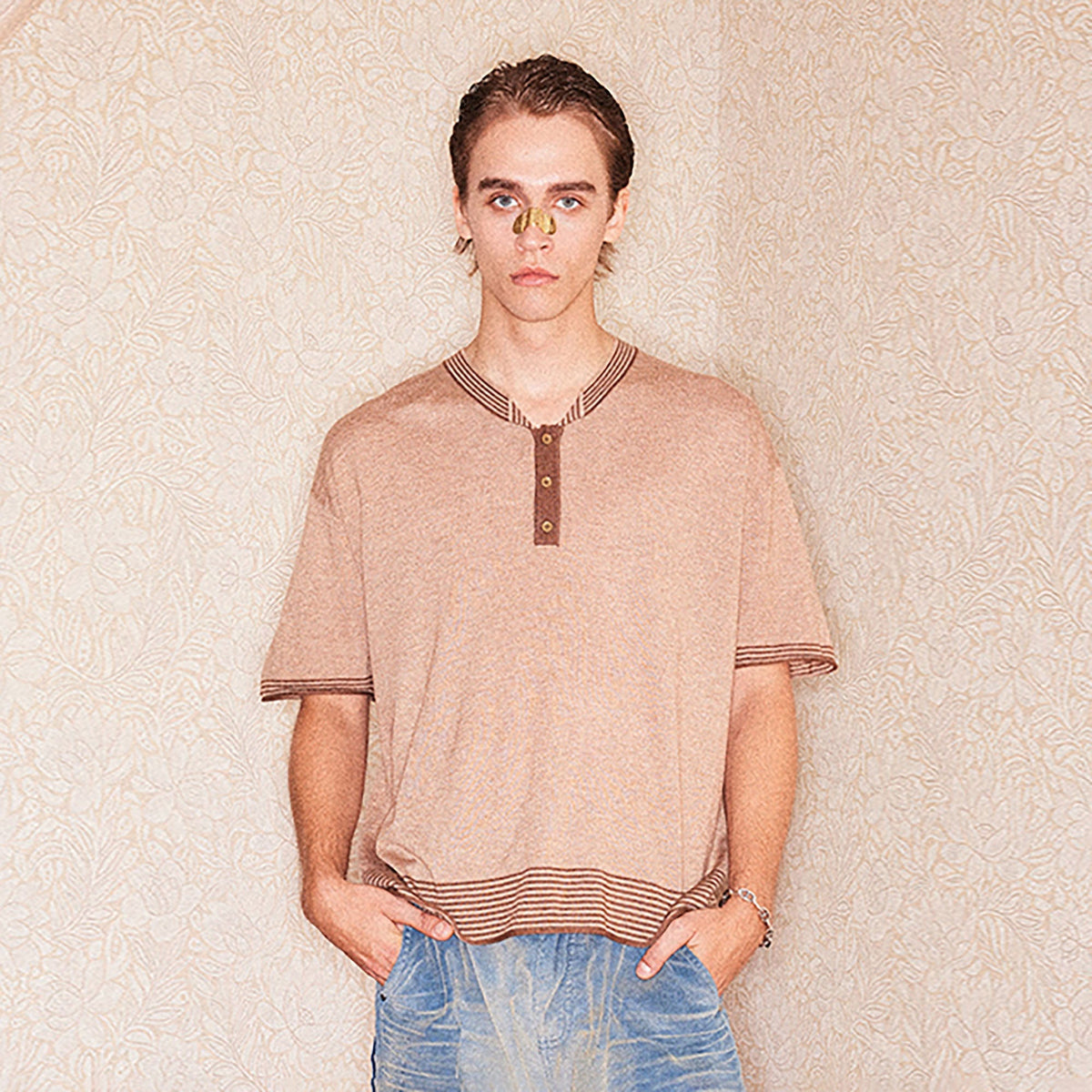 RICHILL Button-Collar Stripe-Trim T-Shirt