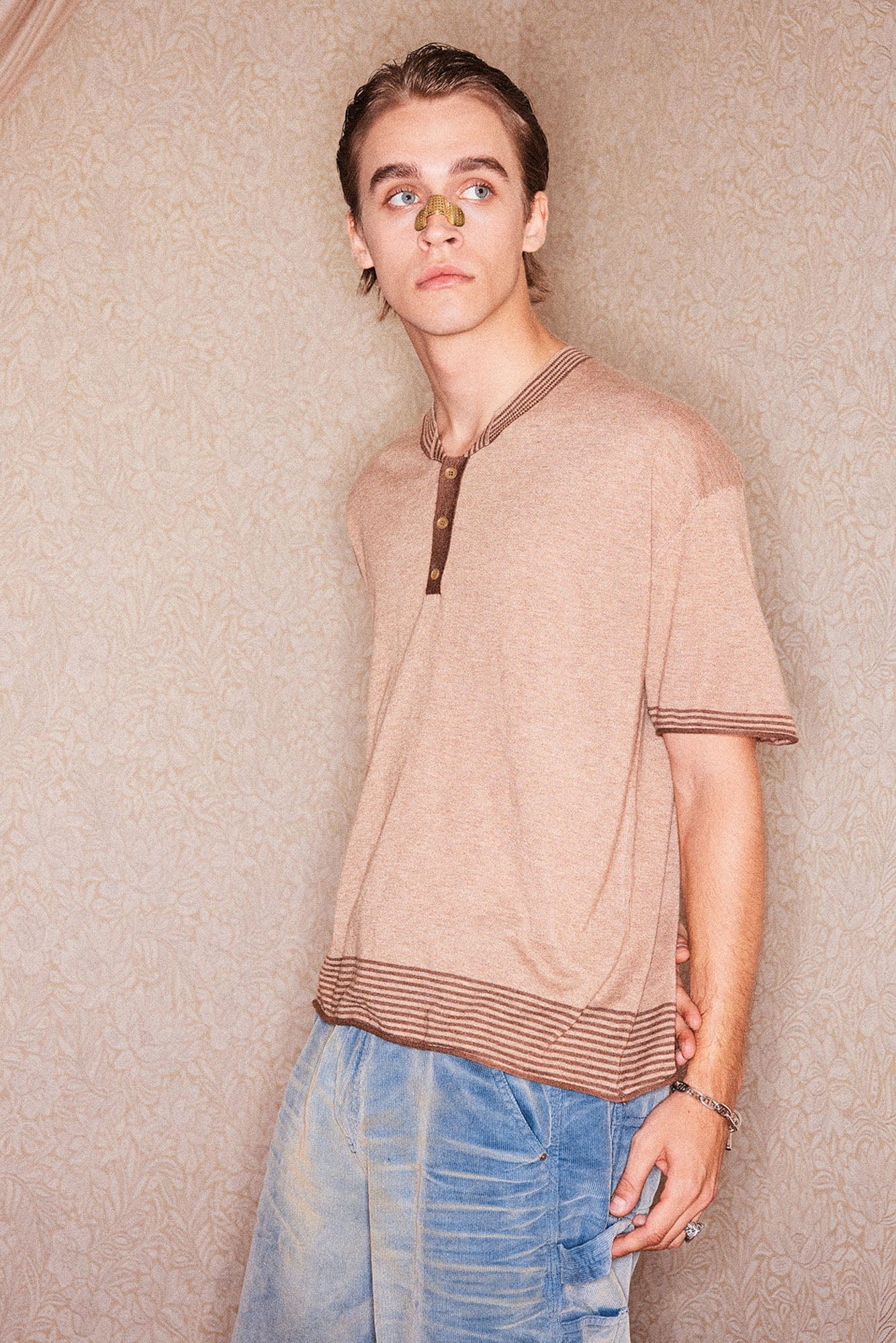 RICHILL Button-Collar Stripe-Trim T-Shirt