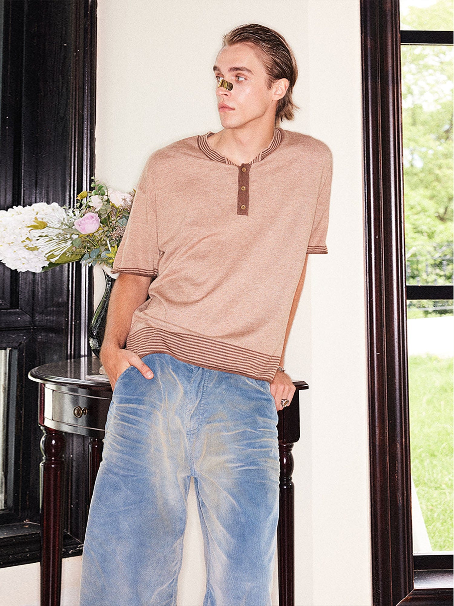 RICHILL Button-Collar Stripe-Trim T-Shirt
