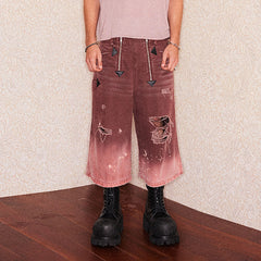 RICHILL Distressed Fade Washed Arrow Zipper Shorts