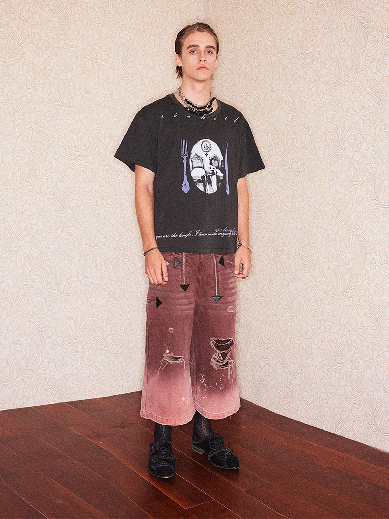 RICHILL Gothic Cutlery Rose Cross Graphic T-Shirt