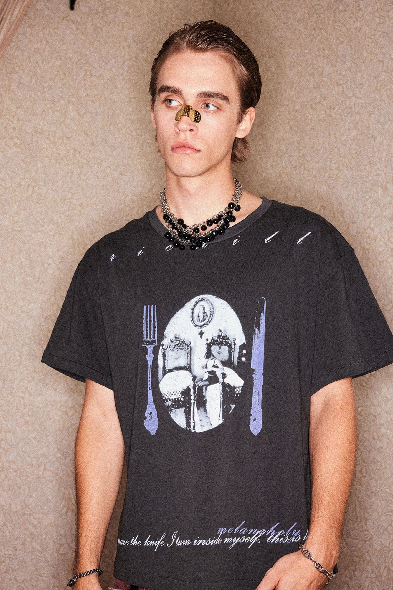 RICHILL Gothic Cutlery Rose Cross Graphic T-Shirt