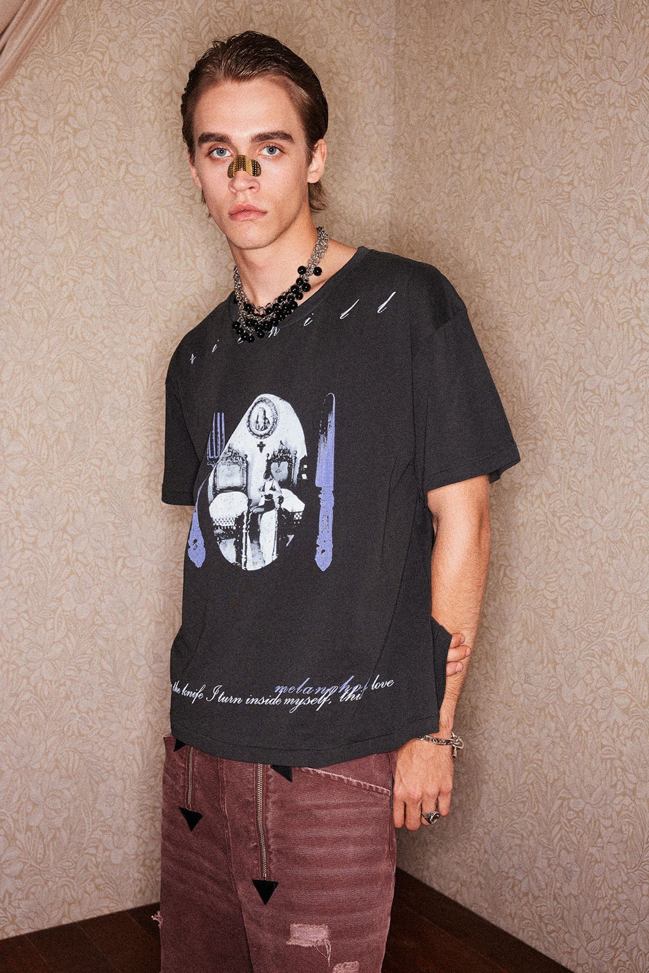 RICHILL Gothic Cutlery Rose Cross Graphic T-Shirt