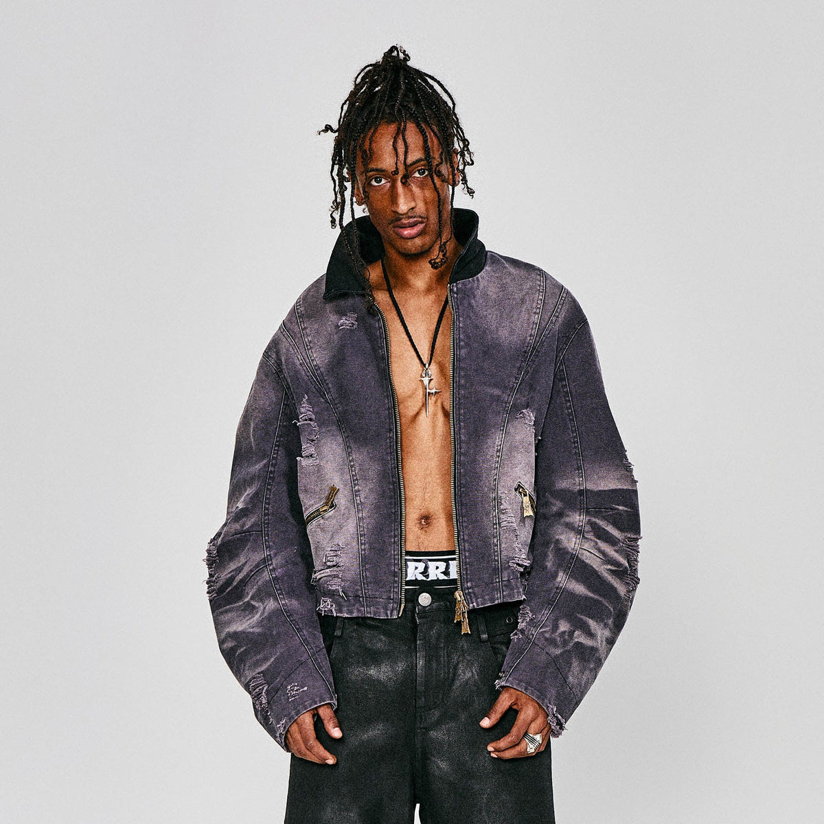 FLYERRER Distressed Curved Spliced Jacket Grey