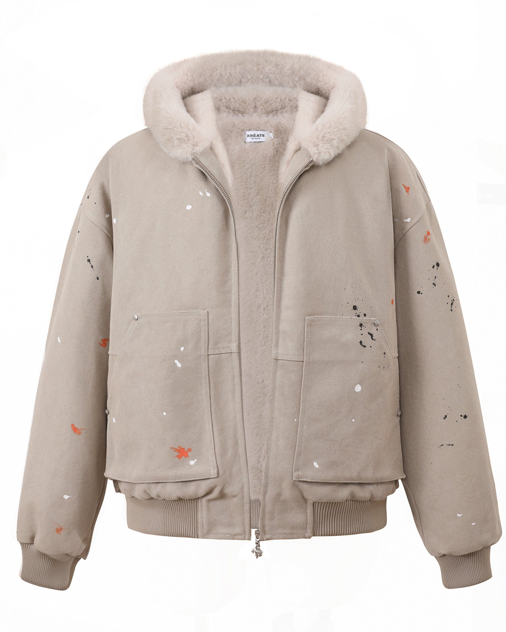 KREATE Rivet Zipper Paint-splattered Fleece-Lined Hooded Jacket