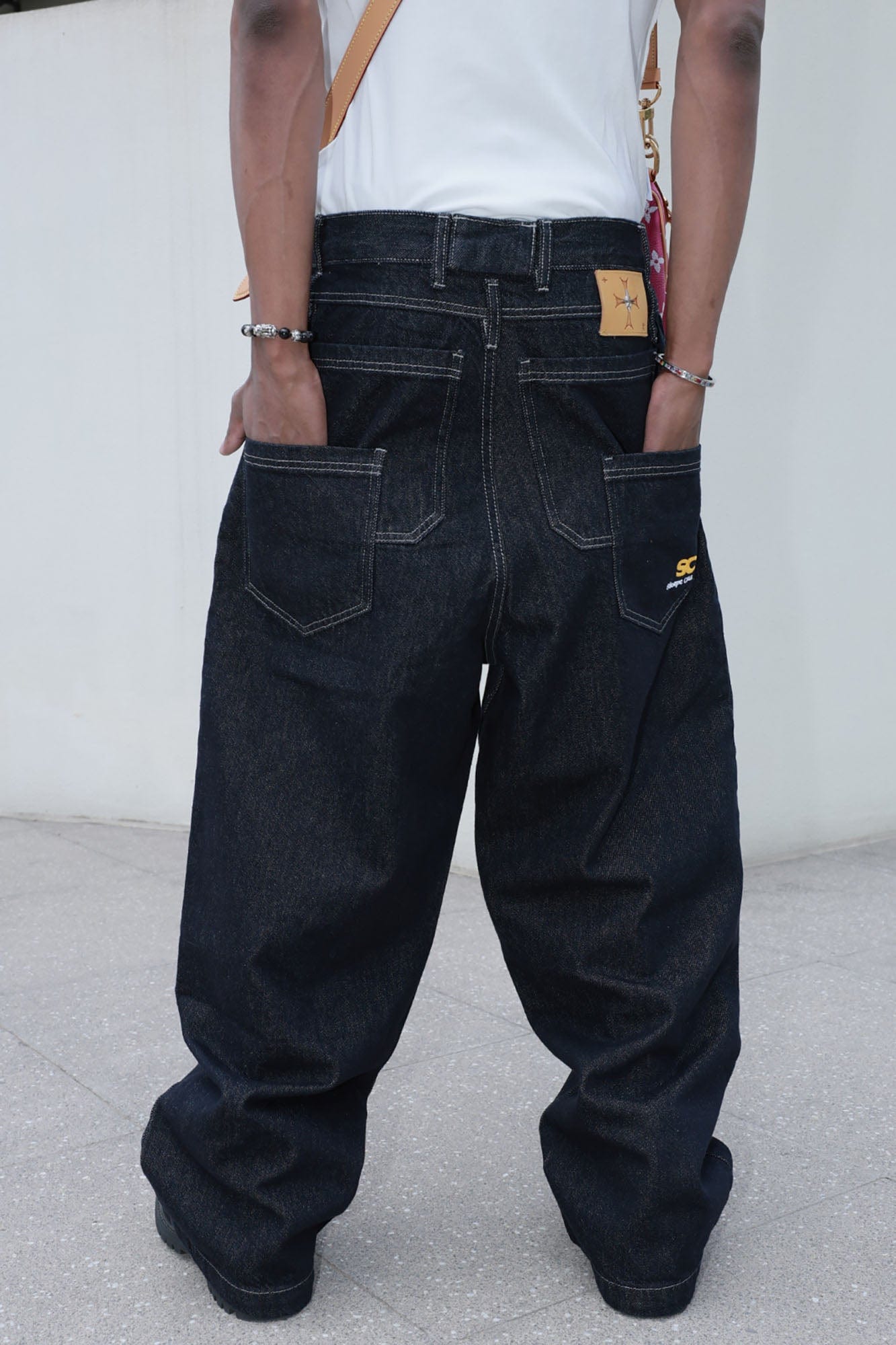 STEEPC Layered-Pockets Double-Waistband Raw Jeans
