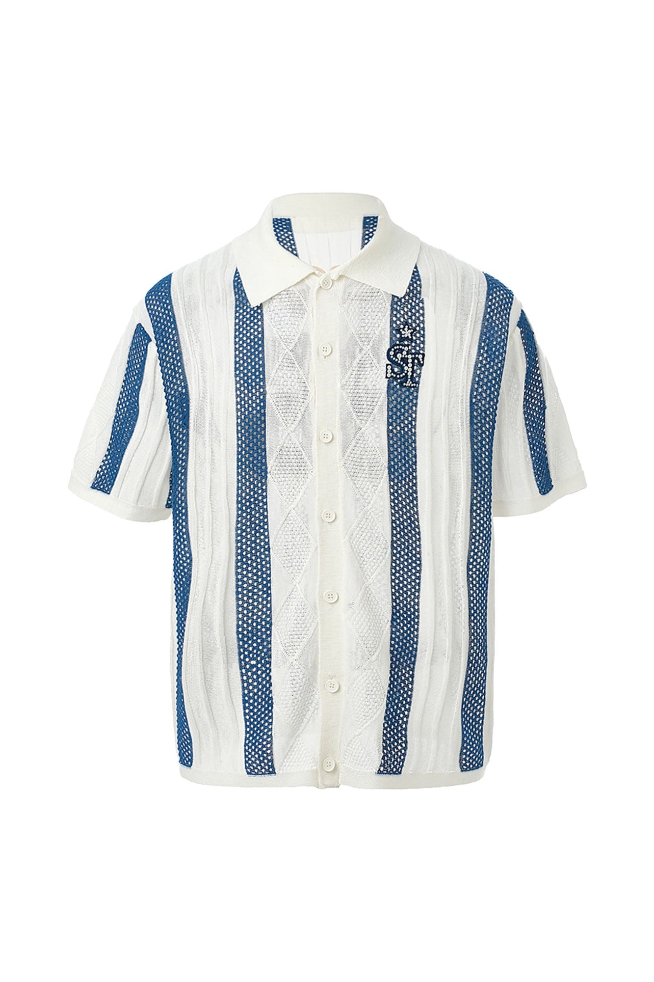 STEEPC Pearl LOGO Patch Striped Knit Half Shirt