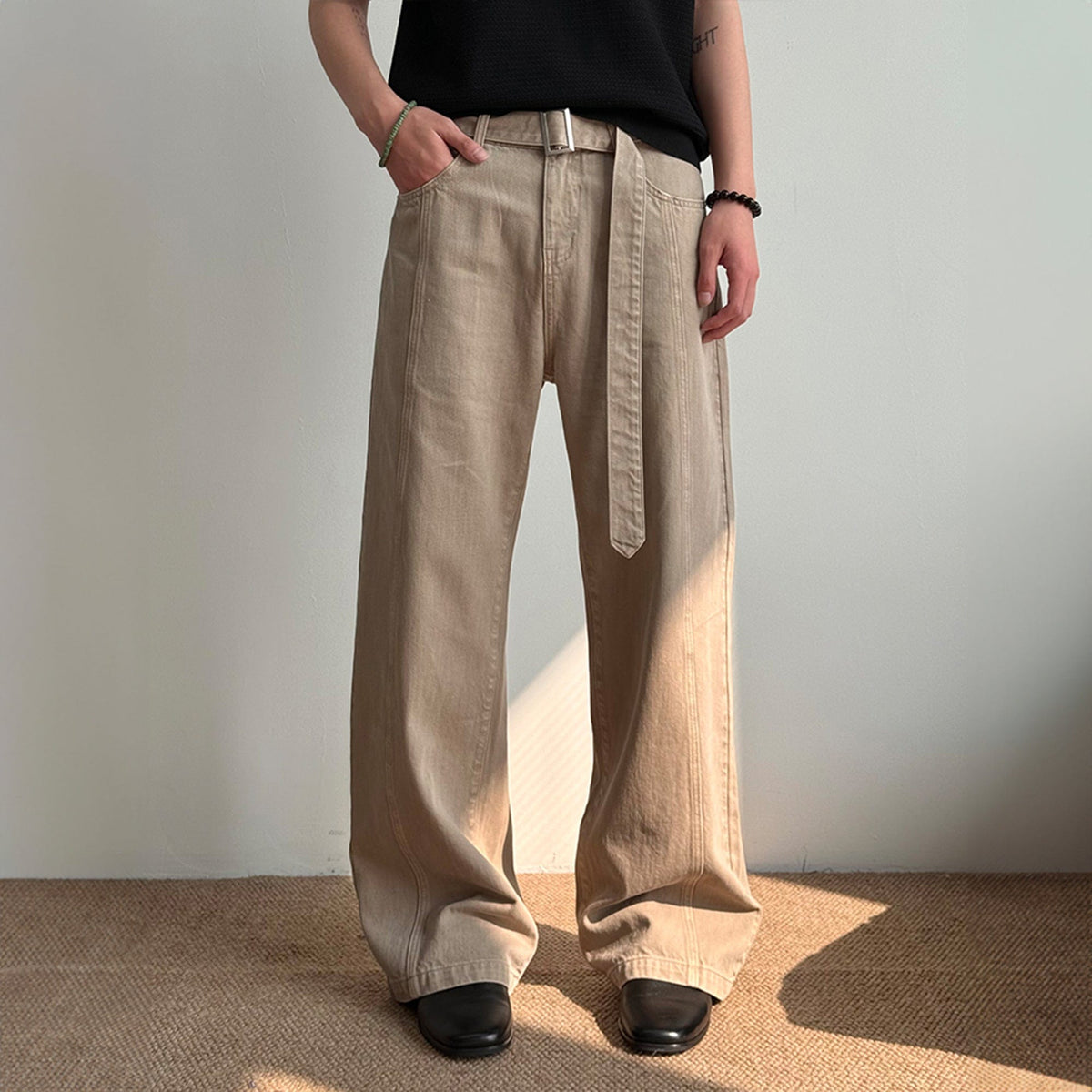 KREATE Belted-Waist Spliced Wide-Leg Pants
