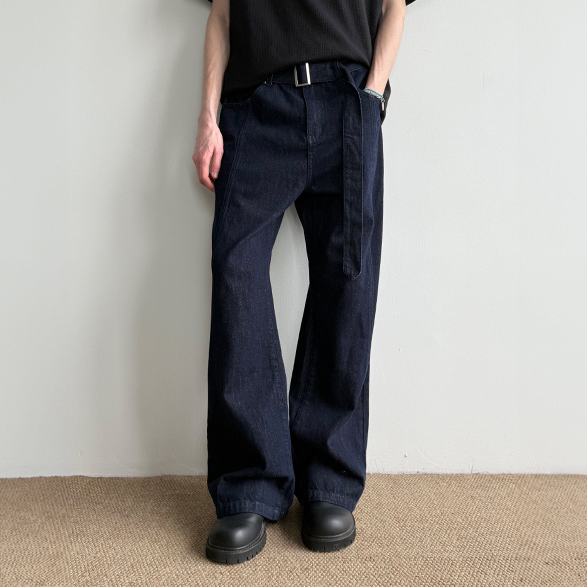 KREATE Belted-Waist Spliced Wide-Leg Pants