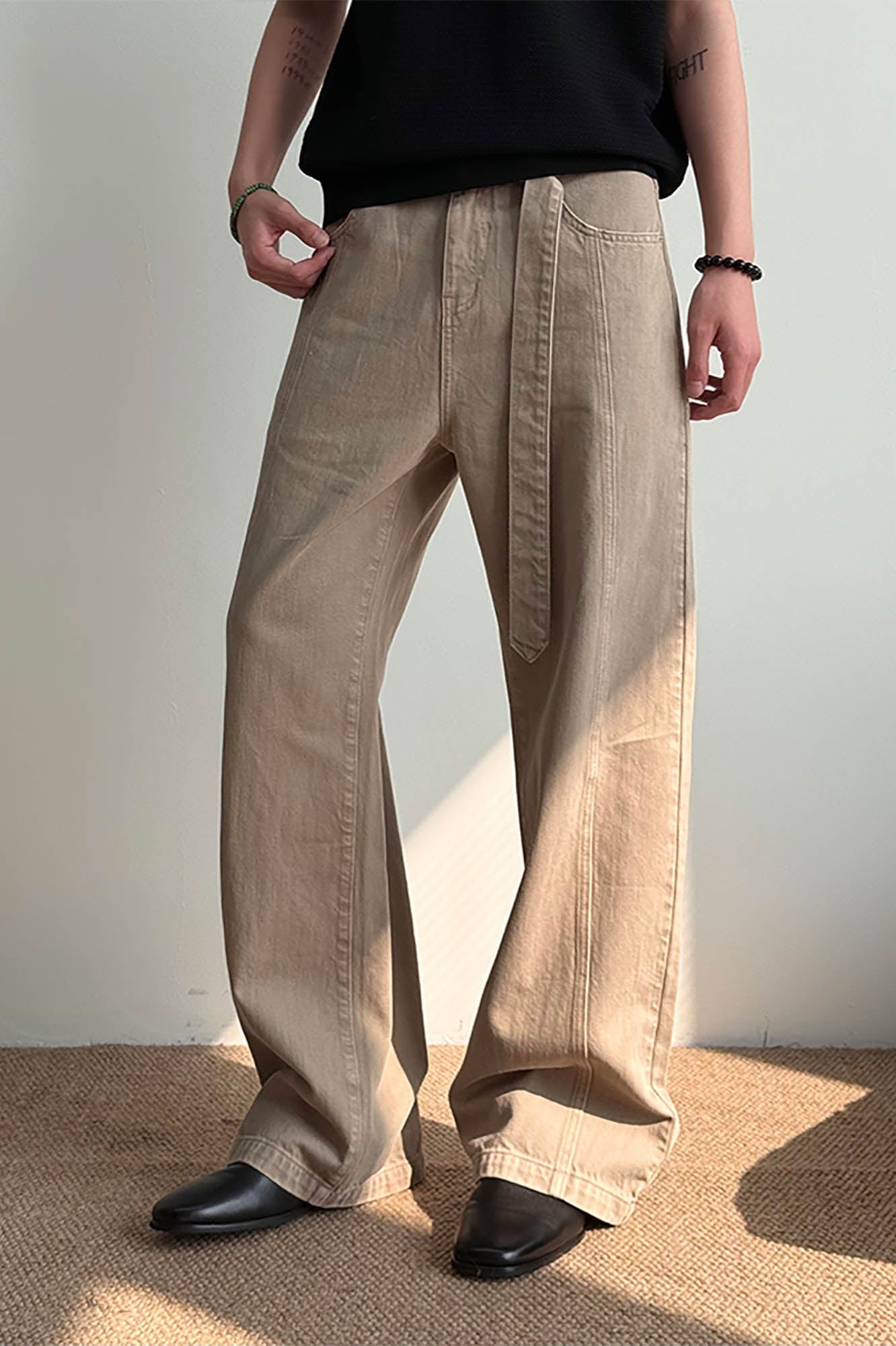 KREATE Belted-Waist Spliced Wide-Leg Pants