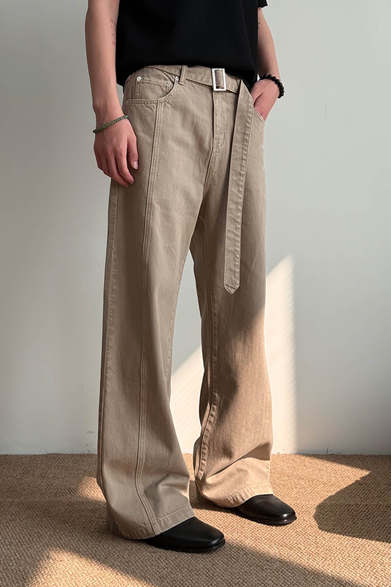 KREATE Belted-Waist Spliced Wide-Leg Pants