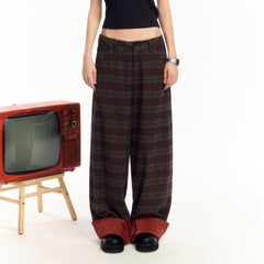 OIPWORD Plaid Fold-Hem Trousers