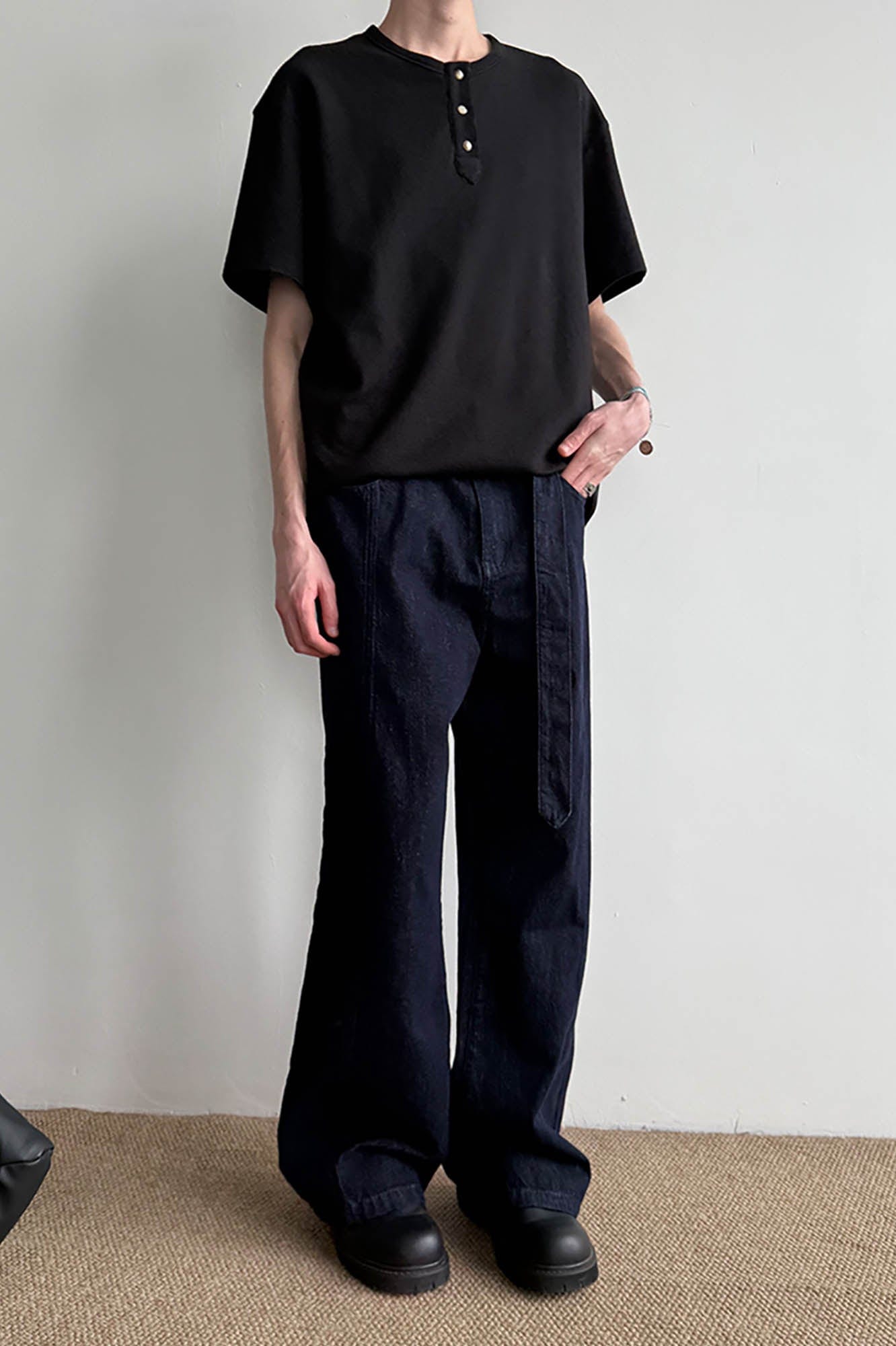 KREATE Belted-Waist Spliced Wide-Leg Pants