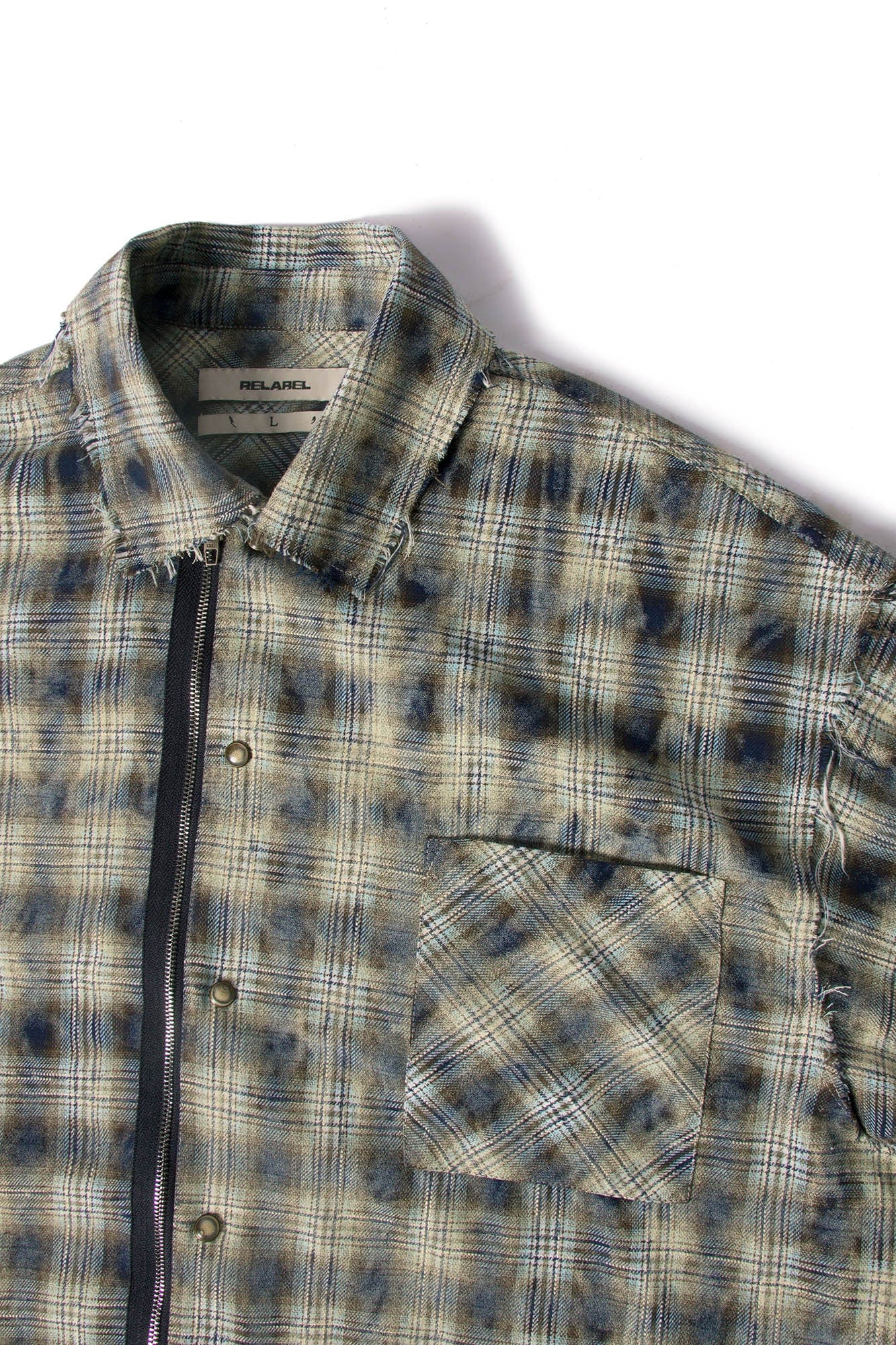 RELABEL Tie-dye Plaid Dual Closure Frayed Shirt