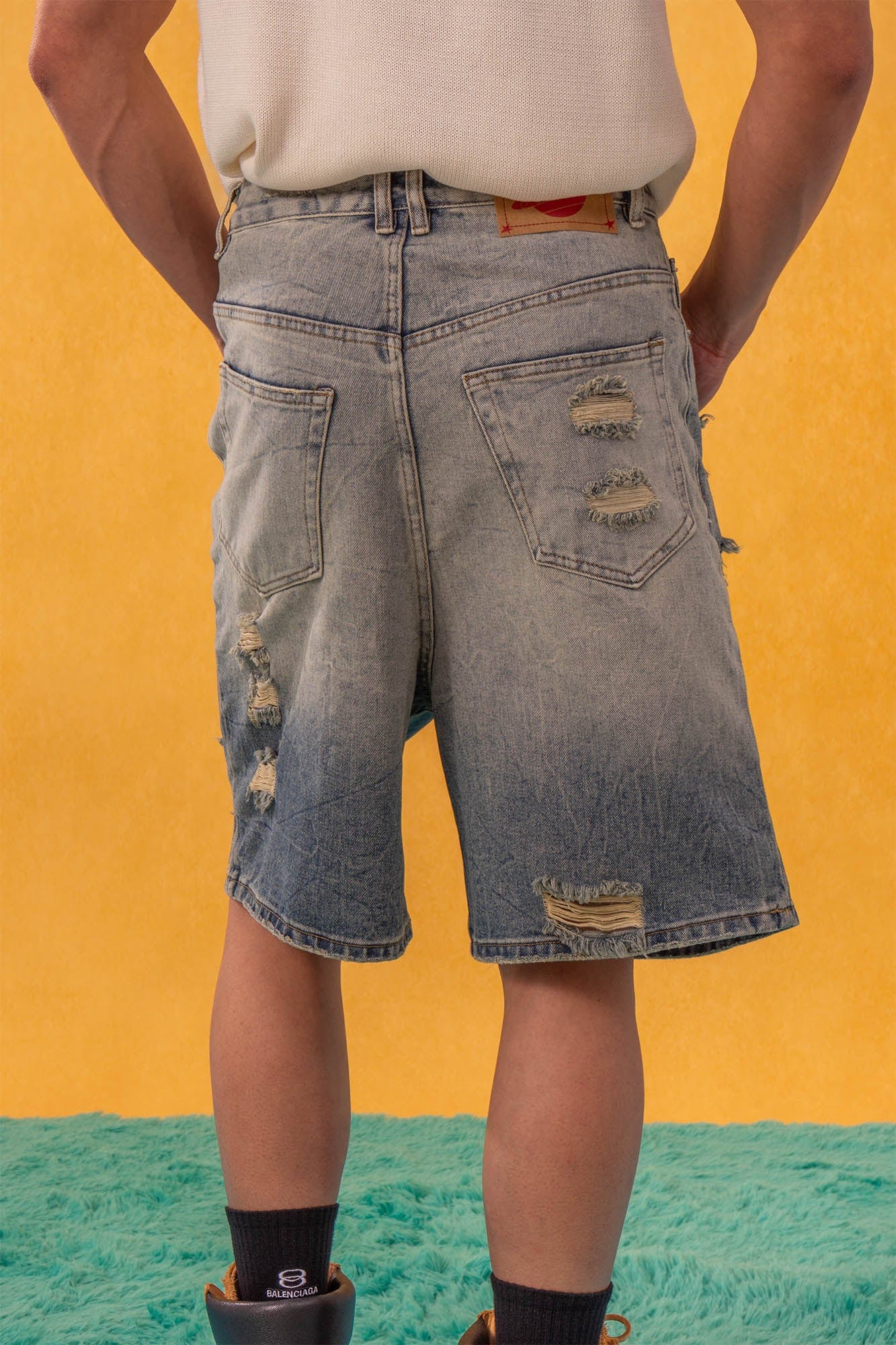 CLP Destroyed Frayed Washed Denim Shorts