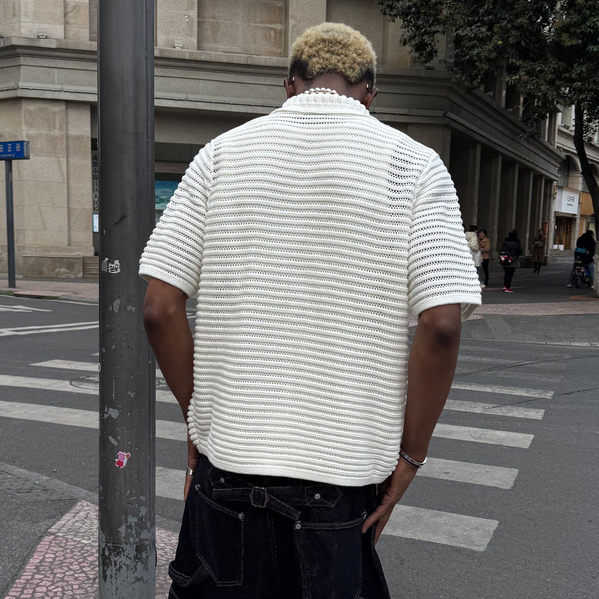 STEEPC Hollow-Out Knit Polo Half Shirt